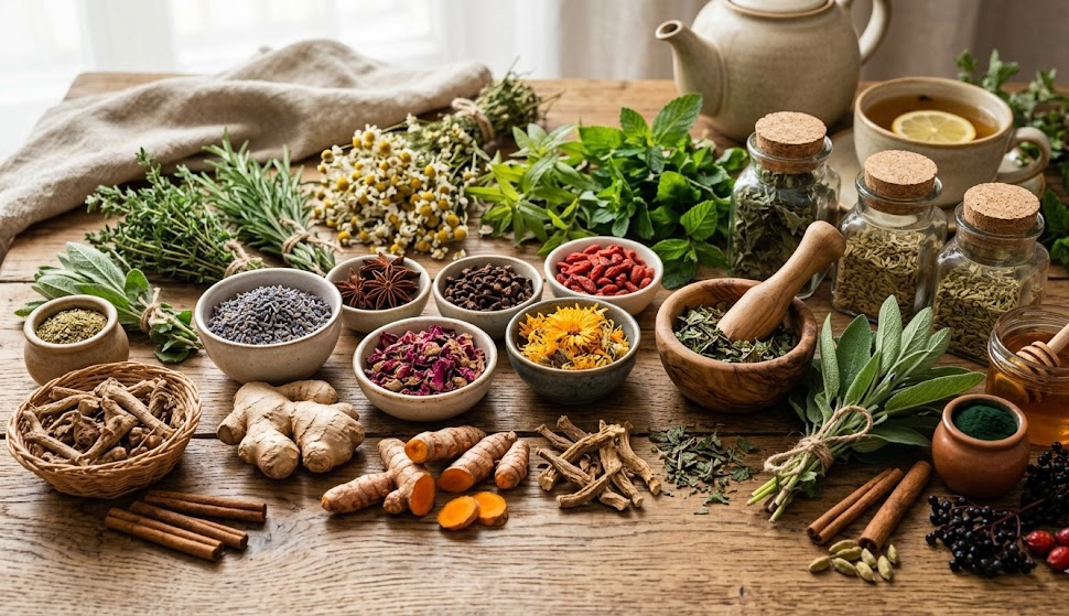 Assortment of natural herbs, roots, and botanical ingredients arranged on a wooden surface with soft natural lighting, healthy lifestyle concept