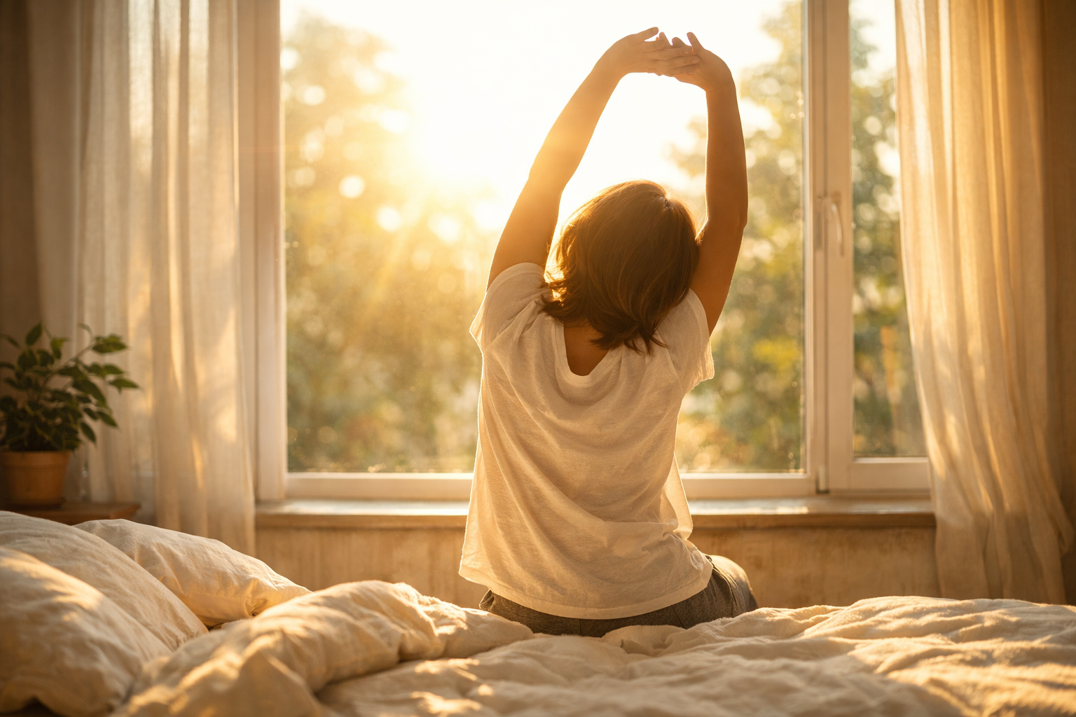 Person stretching peacefully in the morning sunlight by a window, wellness and energy concept, warm natural light